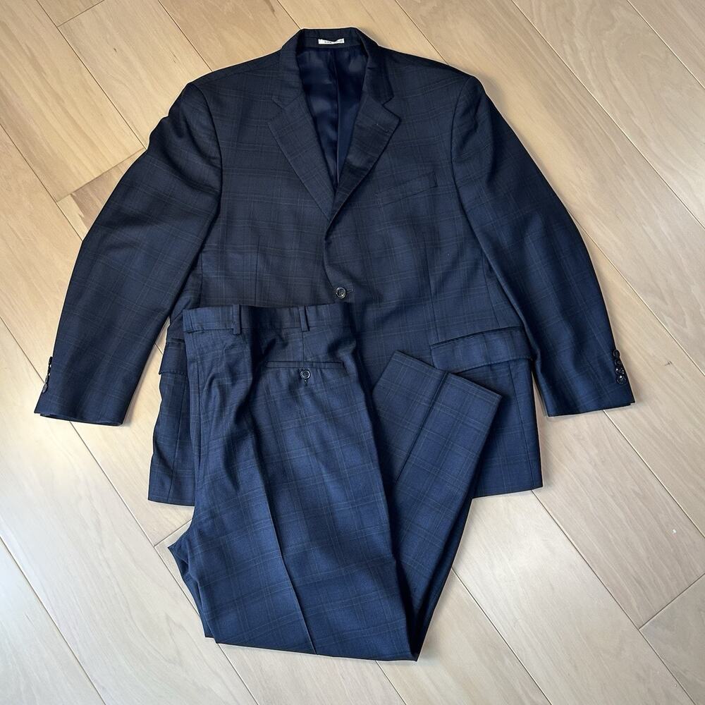 Peter Millar Navy Plaid Blazer Jacket Trouser 2 Piece *Flaw Men’s 48 R